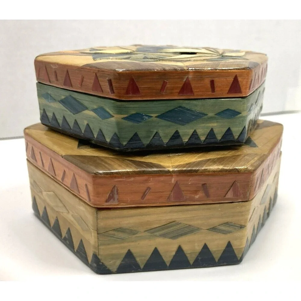 Vtg Set Of‎ 2 Handmade Nesting Trinket Boxes Lotus Flower Bamboo Inlay Lacquered